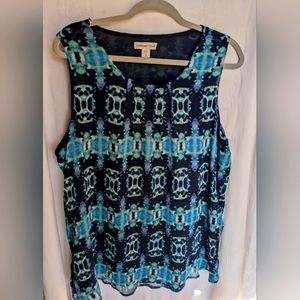 Coldwater Creek tank/shell in Navy, seafoam and french blue print, lined. Sz 1X